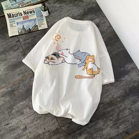 Cute Napping Cat Cartoon Print Short Sleeve Shirt Tees Aesthetic Casual Summer E-Girl Kawaii Korean Japanese Harajuku - Thumbnail 4