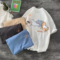 Cute Napping Cat Cartoon Print Short Sleeve Shirt Tees Aesthetic Casual Summer E-Girl Kawaii Korean Japanese Harajuku - Thumbnail 5