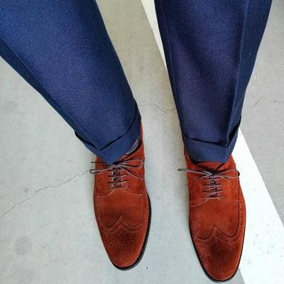 Trendy brown wingtip suede shoes, men's lace up brogue dress wear christmas shoes - Thumbnail 2