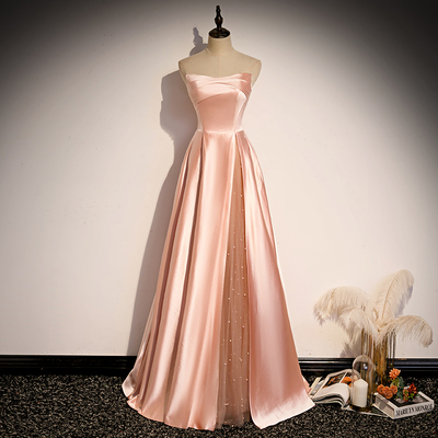 Pink satin long a line prom dress evening dress - Thumbnail 3