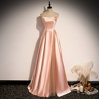 Pink satin long A line prom dress evening dress - Thumbnail 4