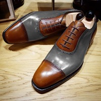 Elegant Hand Stitch Brown Grey Leather Shoes, Men's Cap Toe Lace Up Formal Shoes - Thumbnail 1