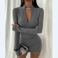 Solid Color High Neck Zipper V-Neck Tight-Fitting Bag Hip Dress - Thumbnail 1