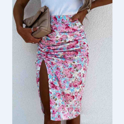 Casual pink floral slit skirt - Thumbnail 3