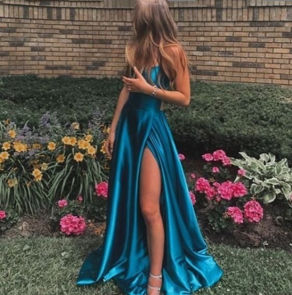 Blue A line satin long prom dress 