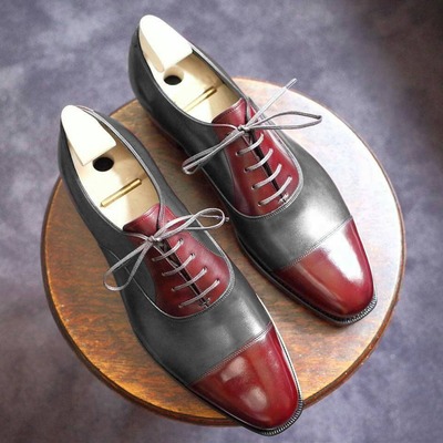 Classic burgundy grey contrast cap toe leather lace up casual wear shoes