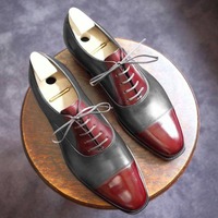 Classic Burgundy Grey Contrast Cap Toe Leather Lace Up Casual Wear Shoes - Thumbnail 1