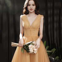 Yellow v neck tulle short prom dress homecoming dress - Thumbnail 2