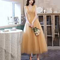 Yellow v neck tulle short prom dress homecoming dress - Thumbnail 3