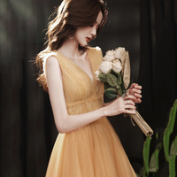 Yellow v neck tulle short prom dress homecoming dress - Thumbnail 4