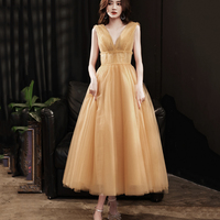 Yellow v neck tulle short prom dress homecoming dress - Thumbnail 7
