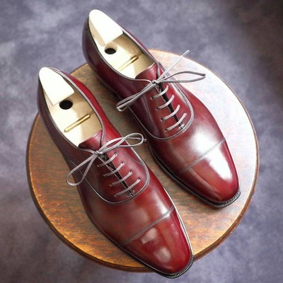 Decent hand stitch burgundy shoes, men's cap toe leather lace up formal shoes