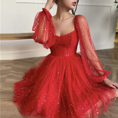 Red tulle short prom dress with long sleeve cocktail dress - Thumbnail 2