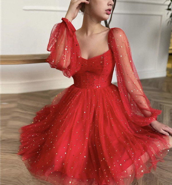 Red Tulle Short Prom Dress with Long Sleeve Cocktail Dress