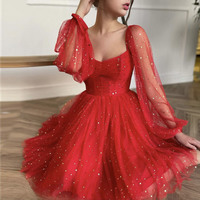 Red Tulle Short Prom Dress with Long Sleeve Cocktail Dress - Thumbnail 3