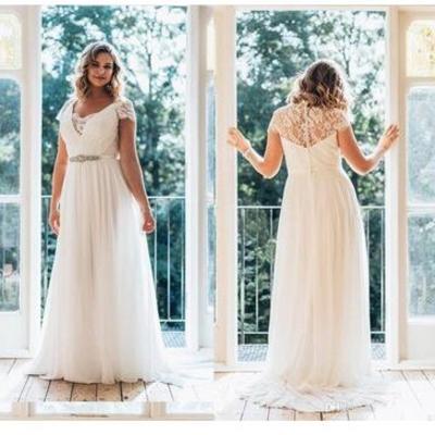  wedding dresses plus size v neck with short sleeves applique ribbon with crystal beaded chiffon hollow back lace gowns