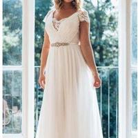  Wedding Dresses Plus size V neck With Short Sleeves Applique Ribbon with Crystal Beaded Chiffon Hollow Back lace Gowns - Thumbnail 1