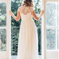  Wedding Dresses Plus size V neck With Short Sleeves Applique Ribbon with Crystal Beaded Chiffon Hollow Back lace Gowns - Thumbnail 3