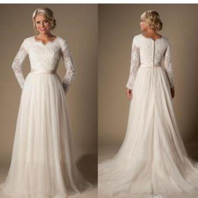  modest a-line lace tulle temple wedding dresses long sleeves v-neck sheer sleeves trains buttons back bridal gown 