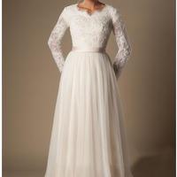  Modest A-Line Lace Tulle Temple Wedding Dresses Long Sleeves V-Neck Sheer Sleeves Trains Buttons Back Bridal Gown  - Thumbnail 1
