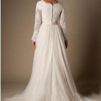  Modest A-Line Lace Tulle Temple Wedding Dresses Long Sleeves V-Neck Sheer Sleeves Trains Buttons Back Bridal Gown  - Thumbnail 3