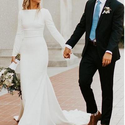 New crepe mermaid modest wedding dresses with long sleeves boat neck simple elegant women lds modest bridal gowns custom made