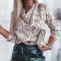 Long Sleeve Chain Print Chiffon Shirt Top - Thumbnail 1