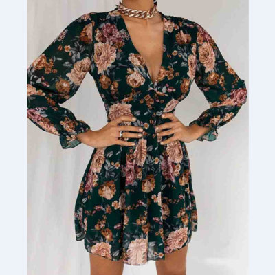 Printed long sleeve v-neck dress