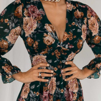 Printed Long Sleeve V-Neck Dress - Thumbnail 1