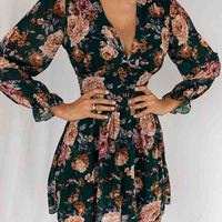 Printed Long Sleeve V-Neck Dress - Thumbnail 2