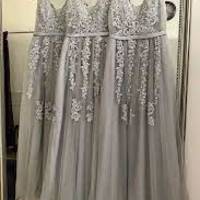 SP1652,Grey Applique Tulle Bridesmaid Dress V back Lace Up Bridesmaid Gown Wedding Party Dresses Formal Dresses Long - Thumbnail 2