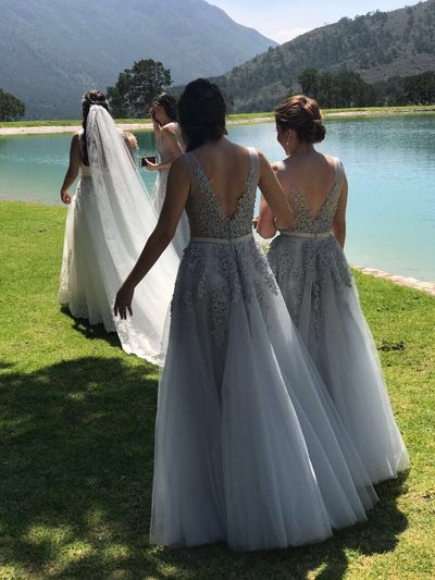 SP1652,Grey Applique Tulle Bridesmaid Dress V back Lace Up Bridesmaid Gown Wedding Party Dresses Formal Dresses Long