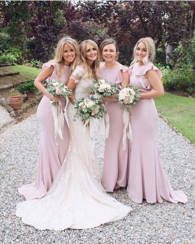 SP1653,Mermaid Round Neck Cap Sleeves Pink Bridesmaid Dresses with Ruffles