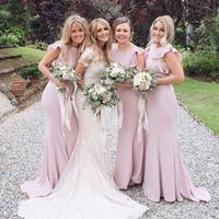 SP1653,Mermaid Round Neck Cap Sleeves Pink Bridesmaid Dresses with Ruffles - Thumbnail 1
