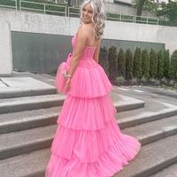 High Low Hot Pink Tiered Prom Dress with Spaghetti Straps,574 - Thumbnail 1