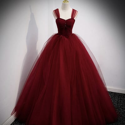 Burgundy tulle long ball gown dress evening dress - Thumbnail 2