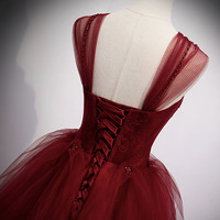 Burgundy tulle long ball gown dress evening dress - Thumbnail 2