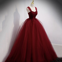 Burgundy tulle long ball gown dress evening dress - Thumbnail 3