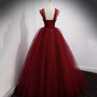 Burgundy tulle long ball gown dress evening dress - Thumbnail 4