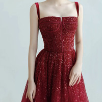 Burgundy sequins long prom dress evening dress - Thumbnail 1