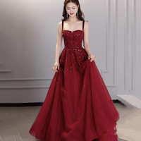 Burgundy sequins long prom dress evening dress - Thumbnail 2