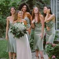 Chic Sheath Cowl Neck Sage Silk Satin Tea Length Bridesmaid Dresses,1132 - Thumbnail 1
