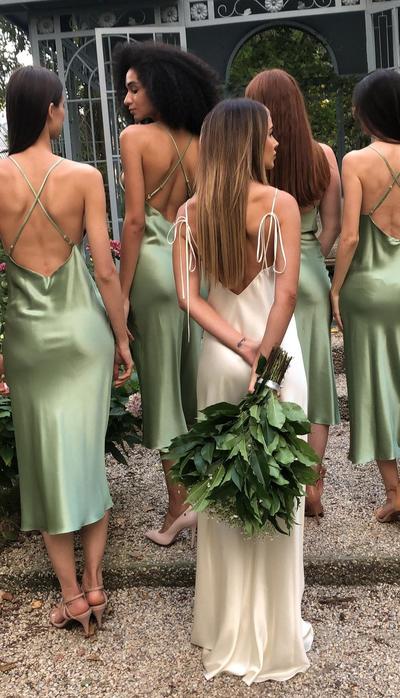 Chic Sheath Cowl Neck Sage Silk Satin Tea Length Bridesmaid Dresses,1132