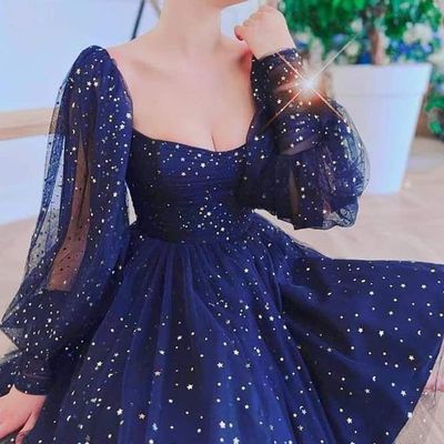 Blue starry a-line homecoming dresses,bubble long sleeves princess homecoming dresses,graduation dress short,1133