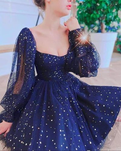 Blue Starry A-Line Homecoming Dresses,Bubble Long Sleeves Princess Homecoming Dresses,Graduation Dress Short,1133