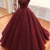 Ball Gown Off the Shoulder Burgundy Sequins Prom Dresses,1134 - Thumbnail 1