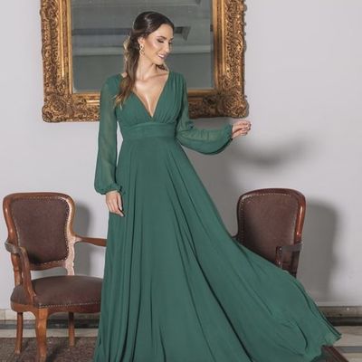 Elegant a-line v neck long sleeves chiffon long prom evening dresses wedding guest dresses,1135
