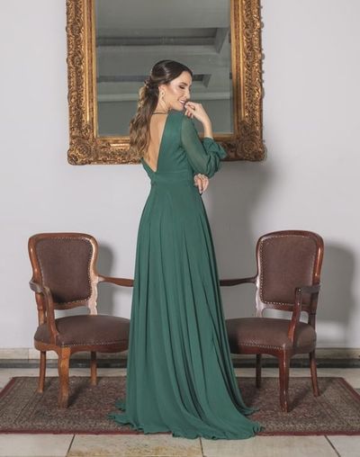 Elegant A-Line V Neck Long Sleeves Chiffon Long Prom Evening Dresses Wedding Guest Dresses,1135