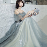 Cute tulle lace long prom dress A line evening dress - Thumbnail 1