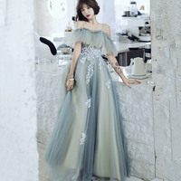 Cute tulle lace long prom dress A line evening dress - Thumbnail 2